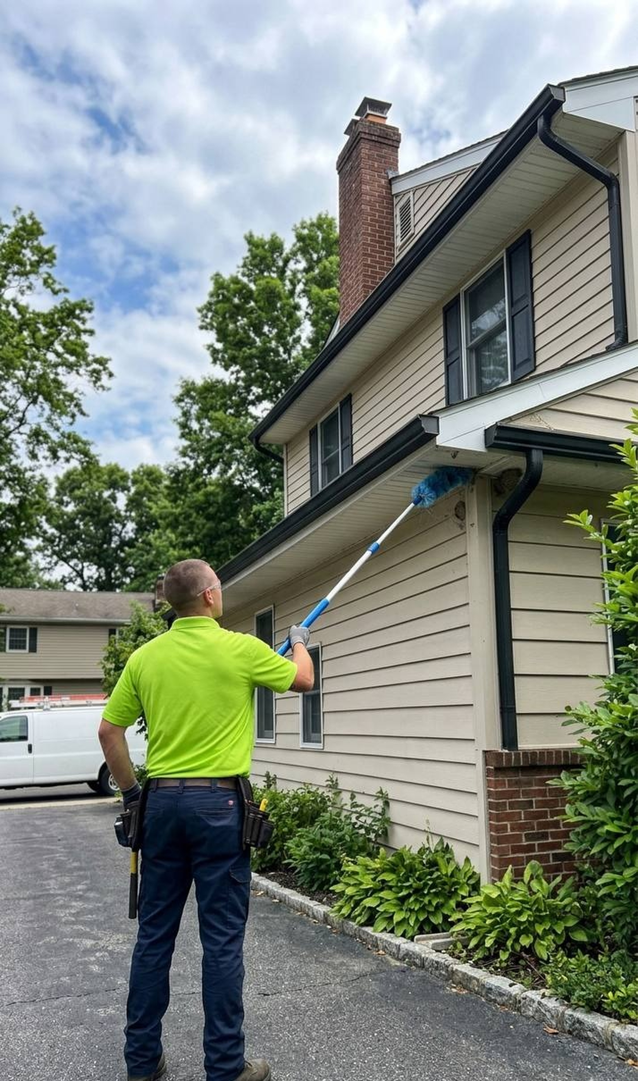 Pest'Em technician treating home exterior