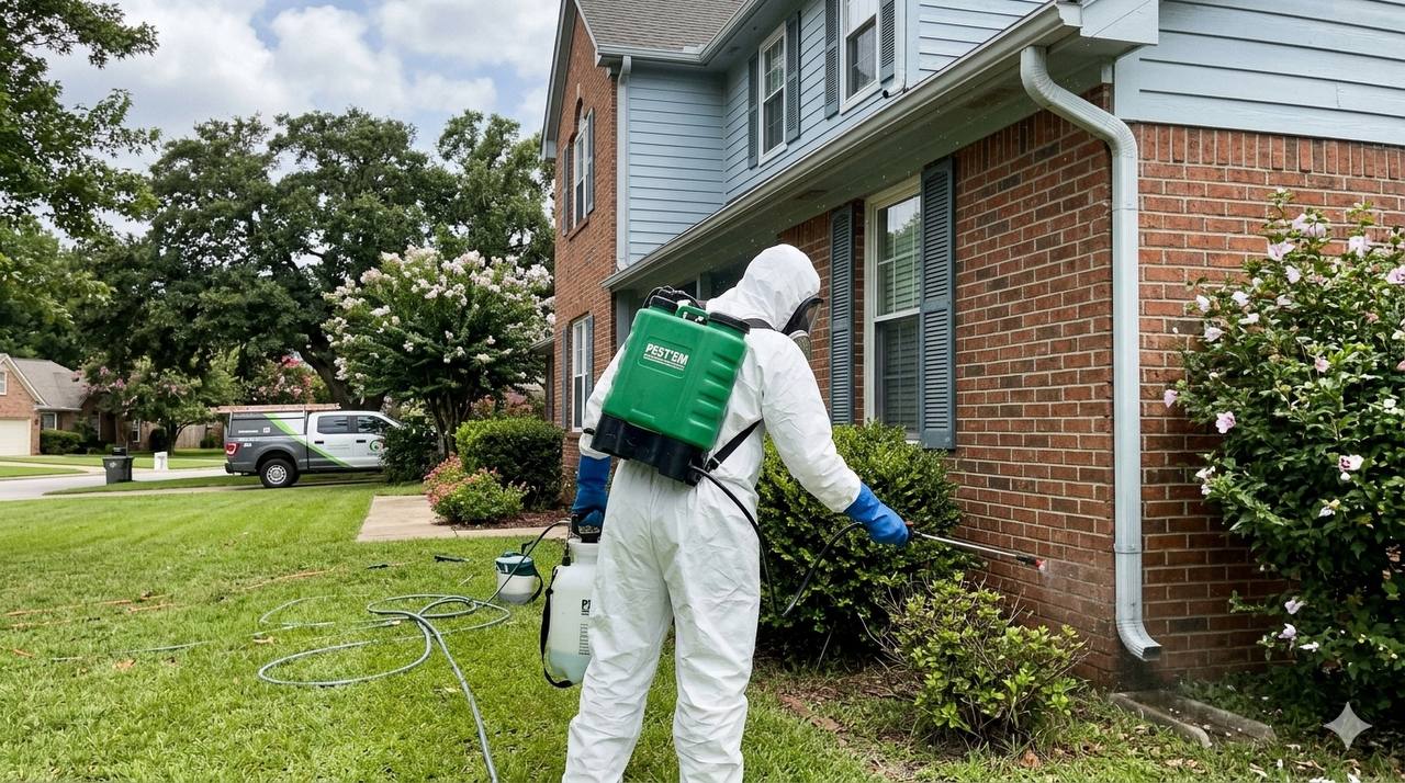 Pest 'Em technician treating home exterior
