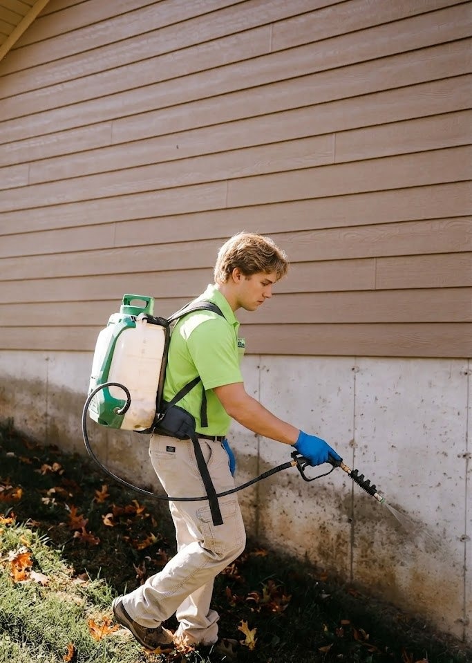 Pest'Em technician treating home exterior
